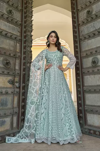 Sky blue NET LONG ANARKALI SALWAR SUIT GOWN