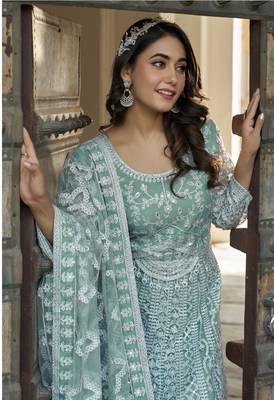Sky blue NET LONG ANARKALI SALWAR SUIT GOWN 2