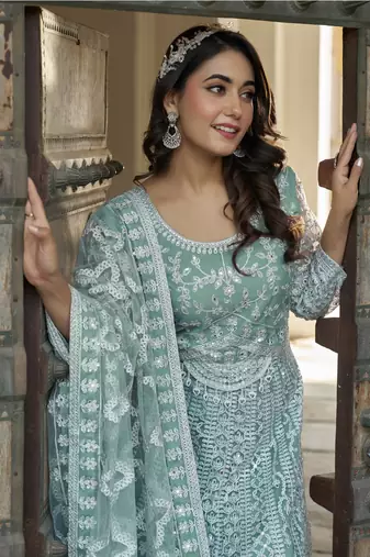 Sky blue NET LONG ANARKALI SALWAR SUIT GOWN