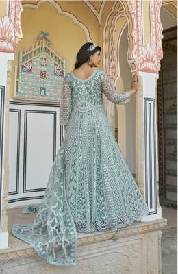 Sky blue NET LONG ANARKALI SALWAR SUIT GOWN 3