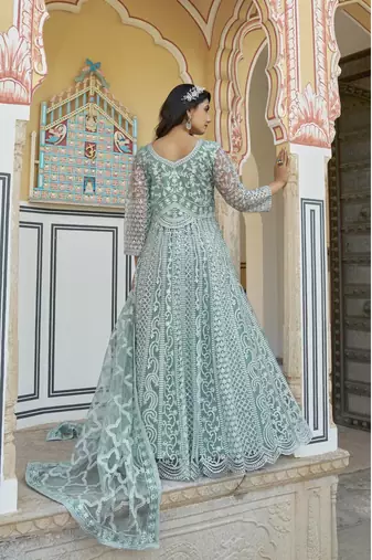 Sky blue NET LONG ANARKALI SALWAR SUIT GOWN