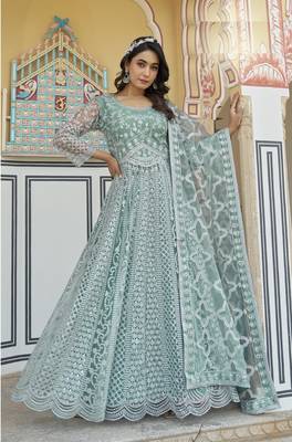 Sky blue NET LONG ANARKALI SALWAR SUIT GOWN 4