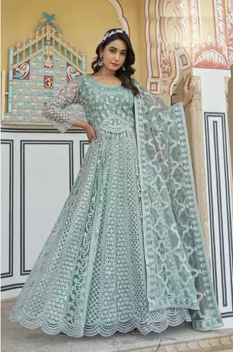 Sky blue NET LONG ANARKALI SALWAR SUIT GOWN