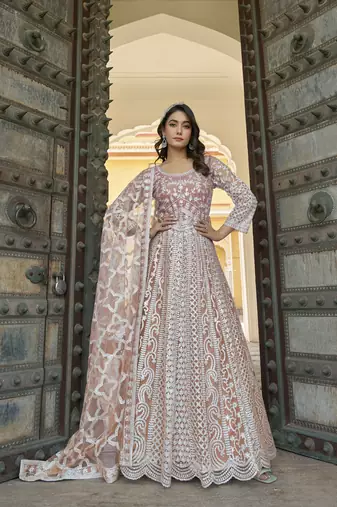 Orange NET LONG ANARKALI SALWAR SUIT GOWN