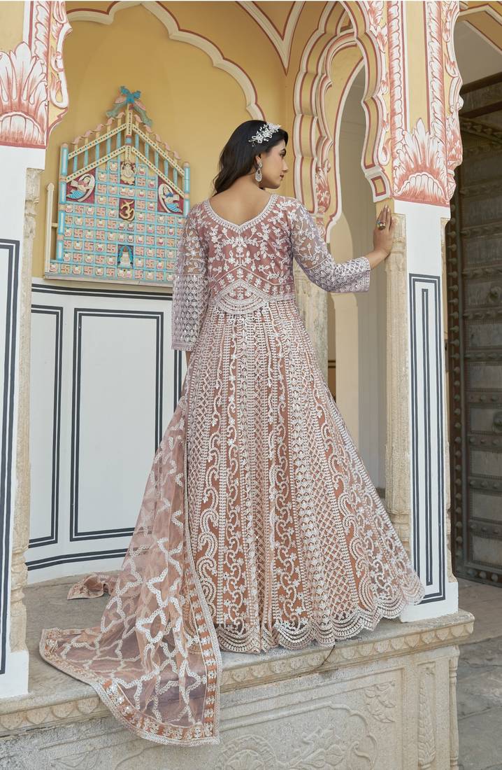 Orange NET LONG ANARKALI SALWAR SUIT GOWN