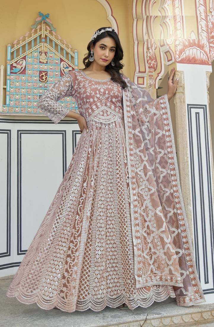 Orange NET LONG ANARKALI SALWAR SUIT GOWN