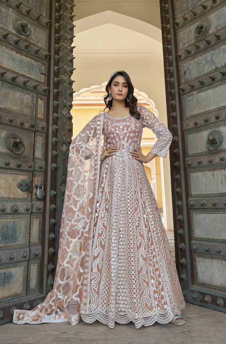 Orange NET LONG ANARKALI SALWAR SUIT GOWN