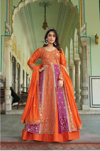 Orange NET LONG ANARKALI SALWAR SUIT GOWN