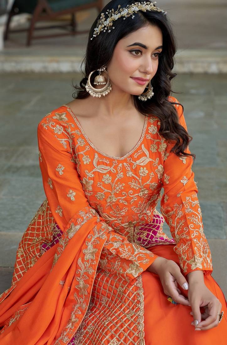 Orange NET LONG ANARKALI SALWAR SUIT GOWN