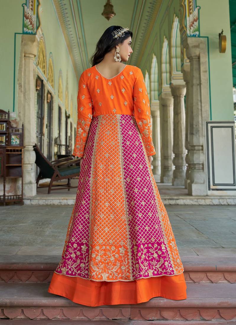 Orange NET LONG ANARKALI SALWAR SUIT GOWN