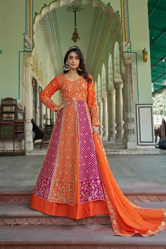 Orange NET LONG ANARKALI SALWAR SUIT GOWN