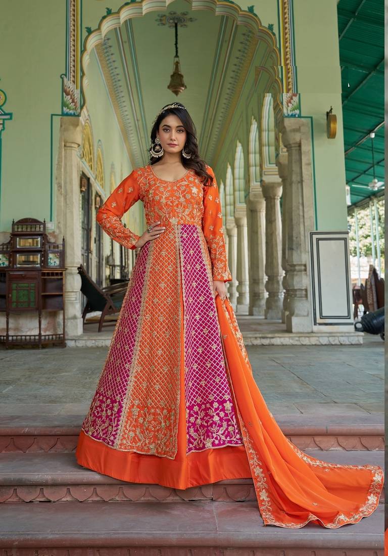 Orange NET LONG ANARKALI SALWAR SUIT GOWN
