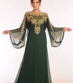 Emerald green georgette kaftan with heavy gold embroidery