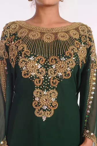 Emerald green georgette kaftan with heavy gold embroidery