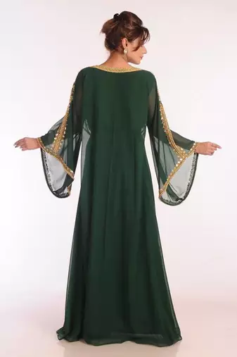 Emerald green georgette kaftan with heavy gold embroidery