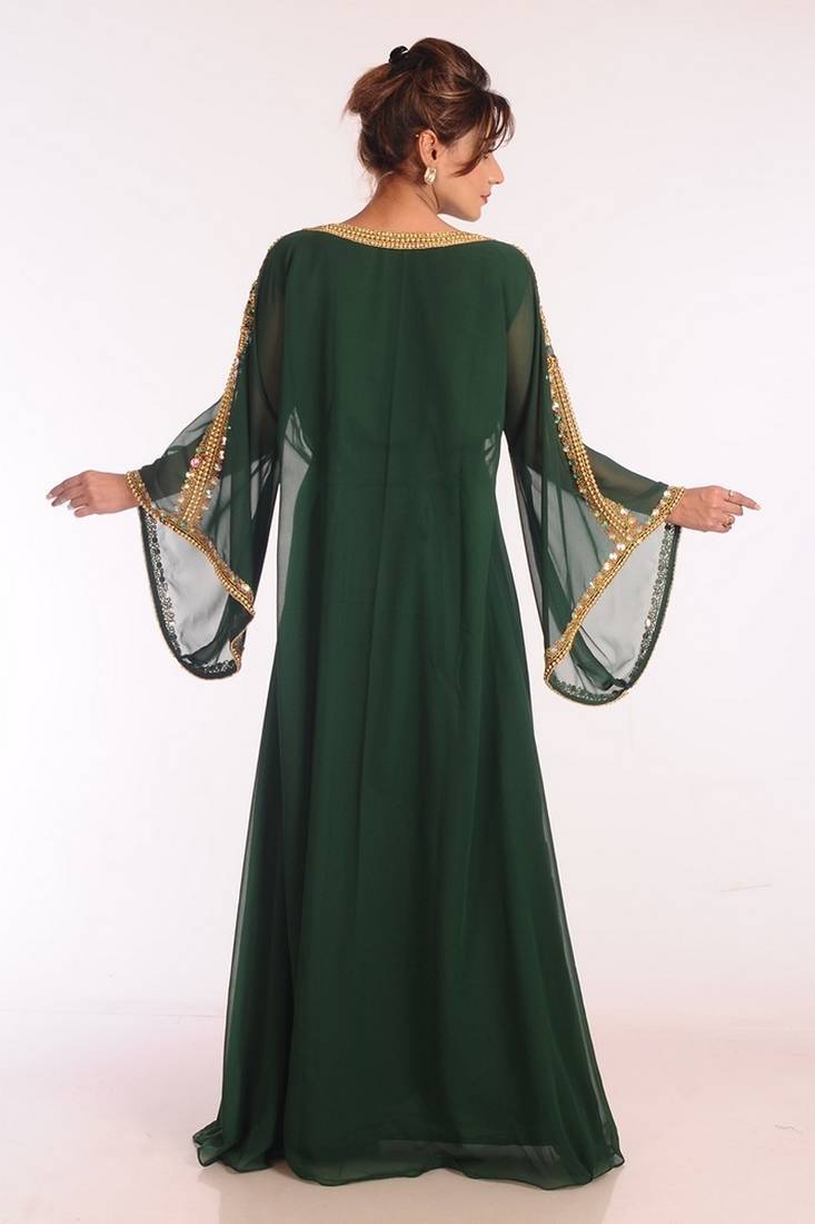 Emerald green georgette kaftan with heavy gold embroidery