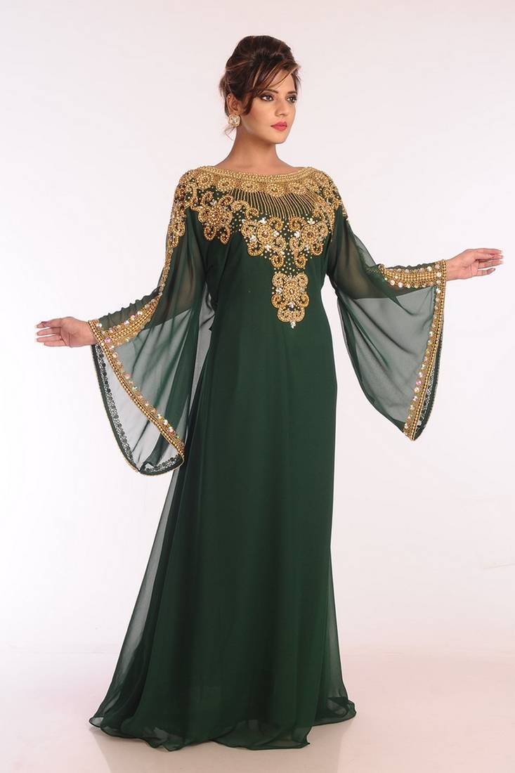 Emerald green georgette kaftan with heavy gold embroidery