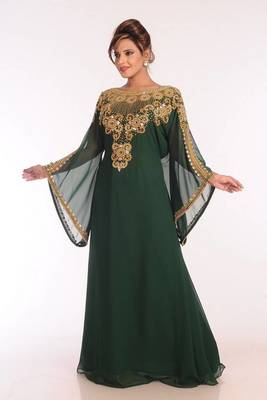 Emerald green georgette kaftan with heavy gold embroidery 5