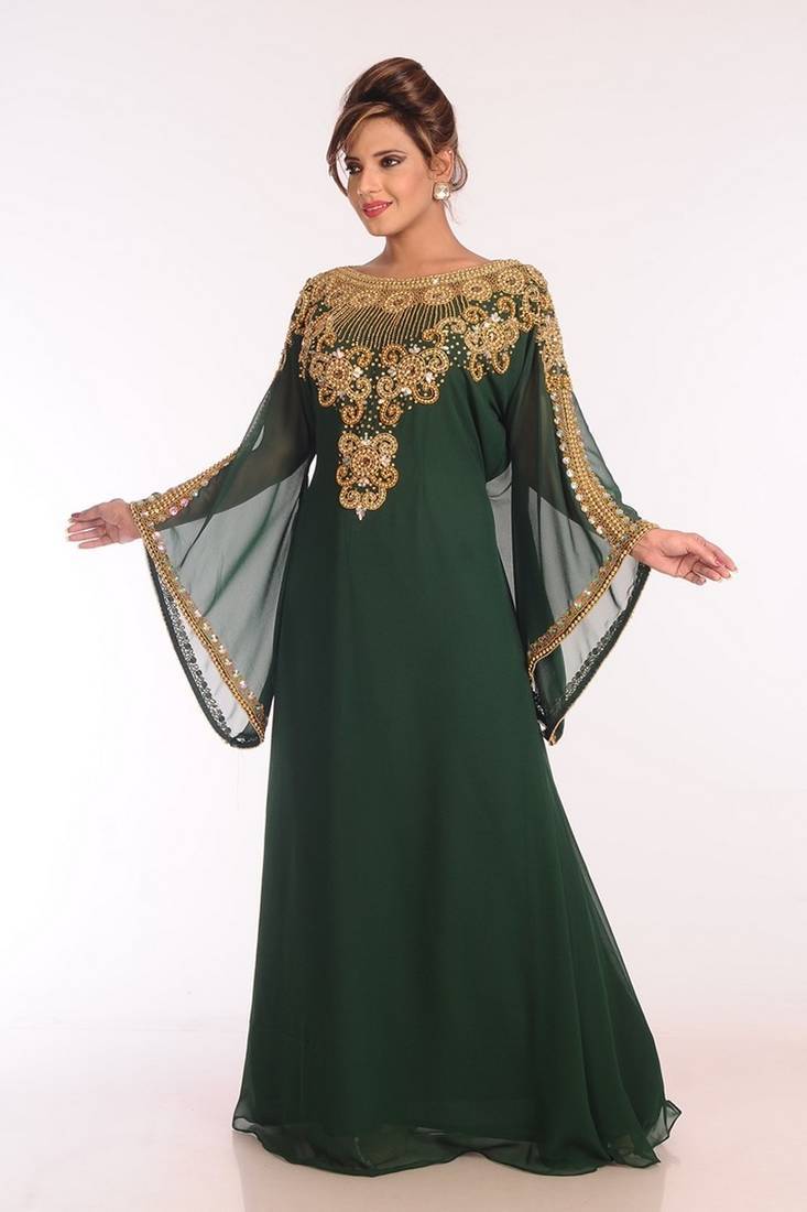 Emerald green georgette kaftan with heavy gold embroidery