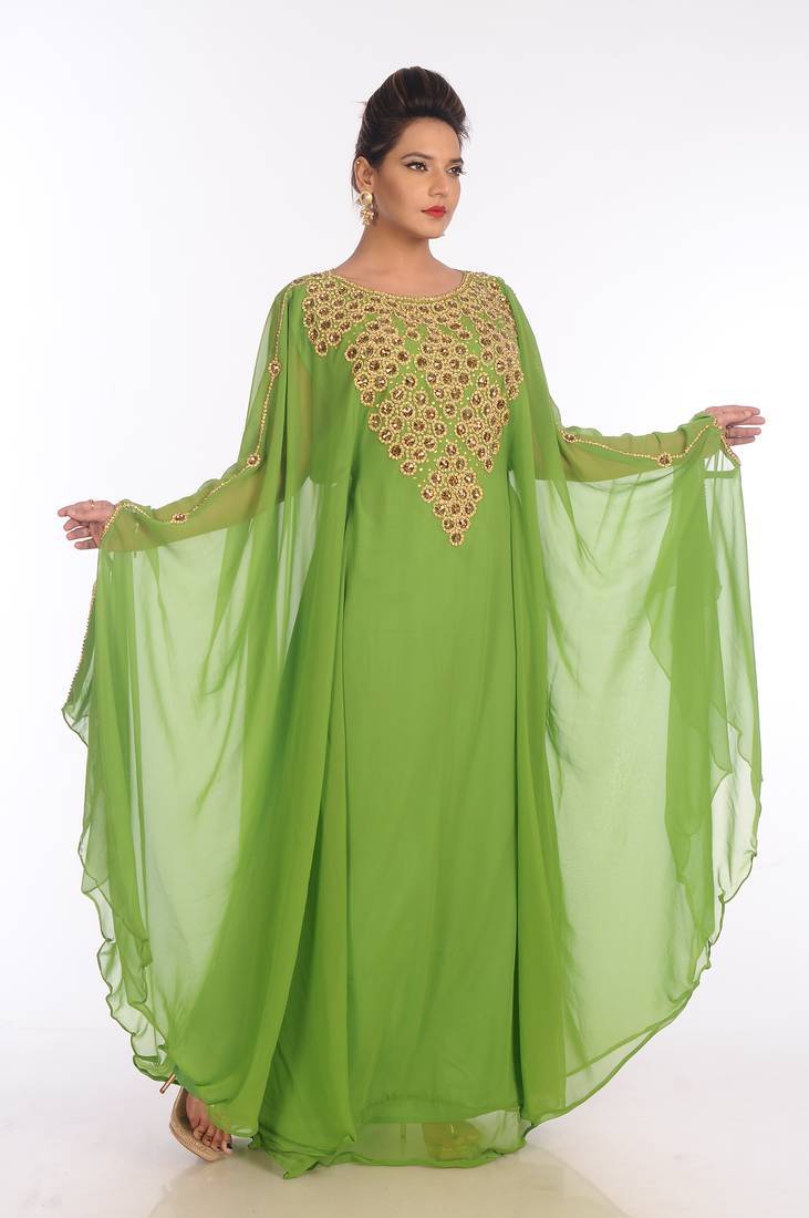 Dark parrot green georgette embroidered zari work islamic kaftans