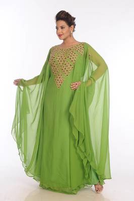 Dark parrot green georgette embroidered zari work islamic kaftans 3