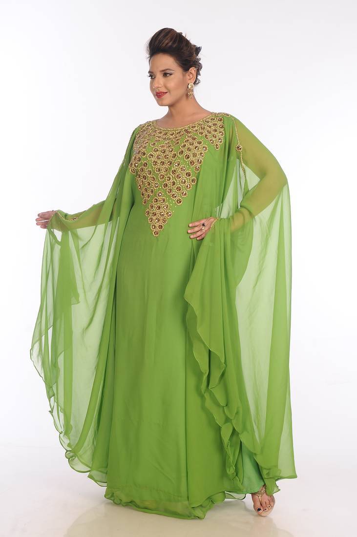 Dark parrot green georgette embroidered zari work islamic kaftans