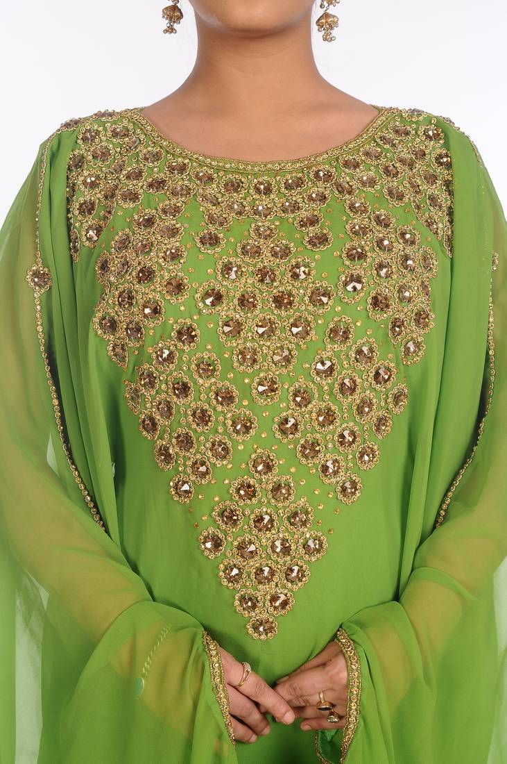 Dark parrot green georgette embroidered zari work islamic kaftans