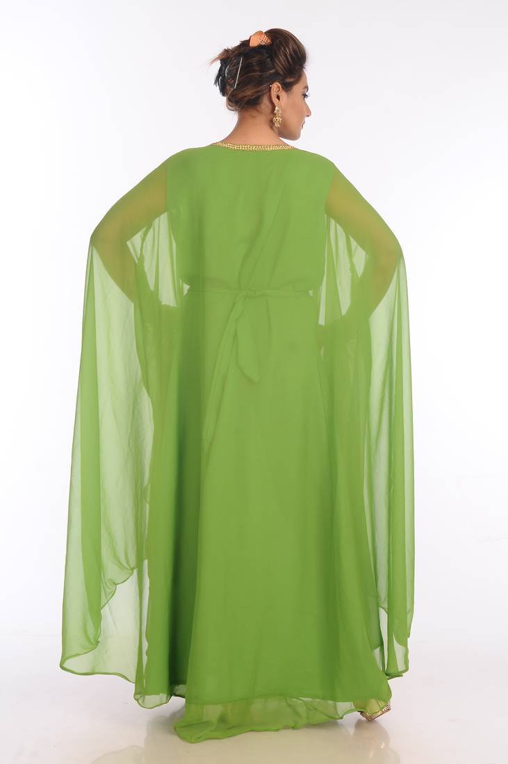 Dark parrot green georgette embroidered zari work islamic kaftans