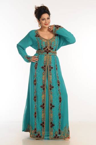 Turquoise georgette kaftan with zari work