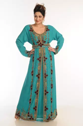 Turquoise georgette kaftan with zari work