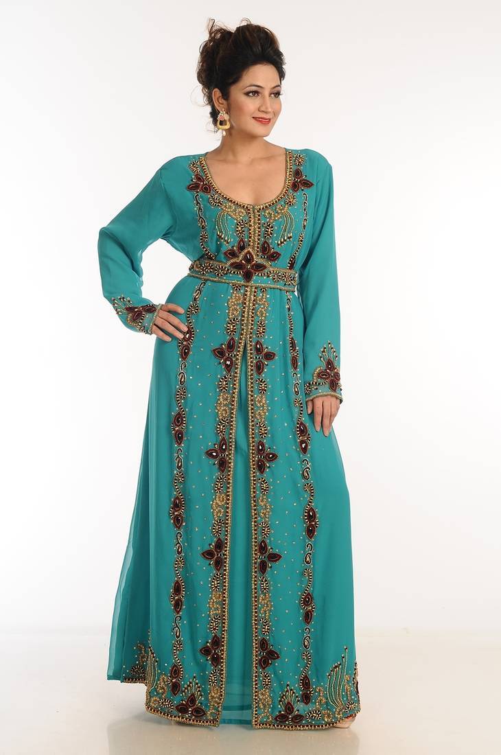 Turquoise georgette kaftan with zari work
