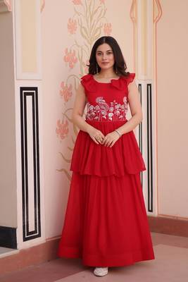 Red georgette bead embroidered ruffle flared gown 1