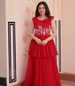 Red georgette bead embroidered ruffle flared gown