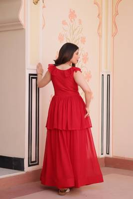 Red georgette bead embroidered ruffle flared gown 2