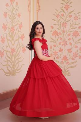 Red georgette bead embroidered ruffle flared gown 4