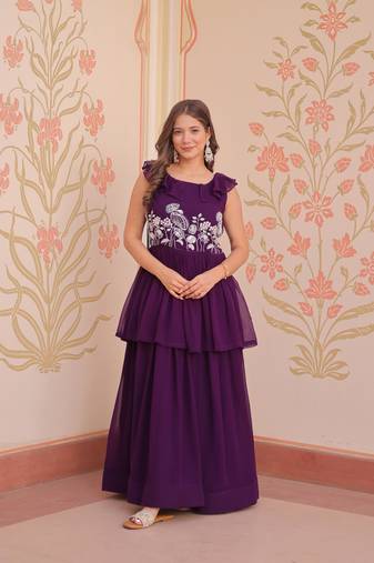 Purple georgette bead embroidered ruffle flared gown