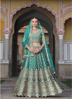 bridal wear net teal green lehenga choli embroidery sequin work  1