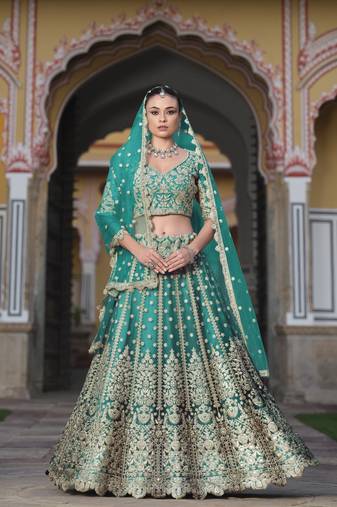 Indian wedding bridal wear net teal green lehenga choli semi stitched embroidery sequence work 