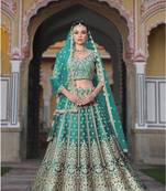 Indian wedding bridal wear net teal green lehenga choli semi stitched embroidery sequence work 