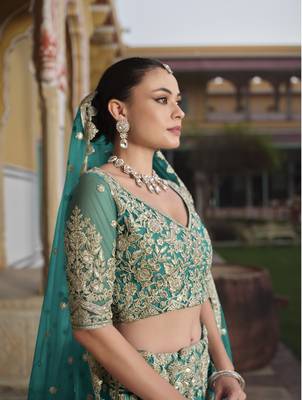 bridal wear net teal green lehenga choli embroidery sequin work  2