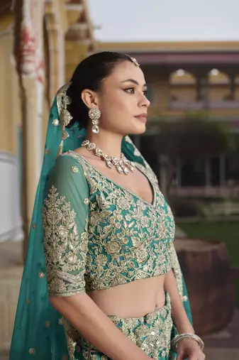 bridal wear net teal green lehenga choli embroidery sequin work 