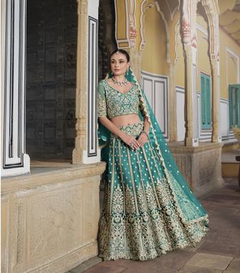 bridal wear net teal green lehenga choli embroidery sequin work  3