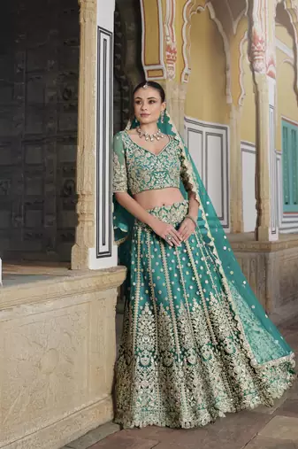 bridal wear net teal green lehenga choli embroidery sequin work 