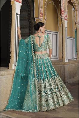 bridal wear net teal green lehenga choli embroidery sequin work  4