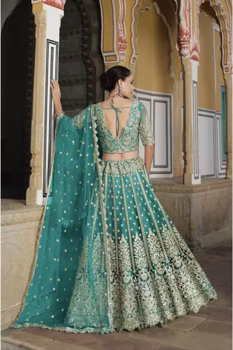 bridal wear net teal green lehenga choli embroidery sequin work 