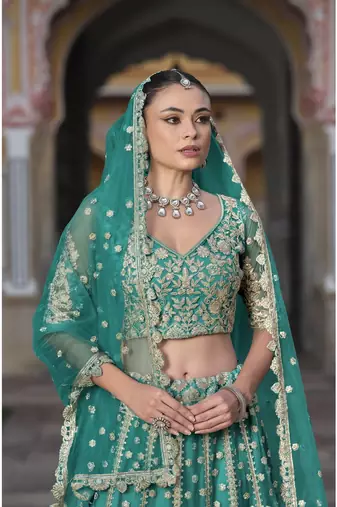 bridal wear net teal green lehenga choli embroidery sequin work 