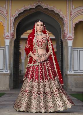 bridal wear net red lehenga choli embroidery sequin work  1