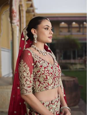 bridal wear net red lehenga choli embroidery sequin work  2