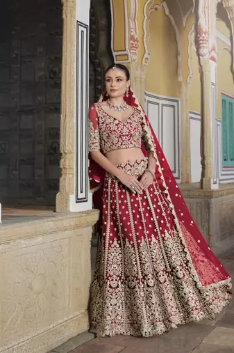 bridal wear net red lehenga choli embroidery sequin work 