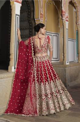 bridal wear net red lehenga choli embroidery sequin work  4